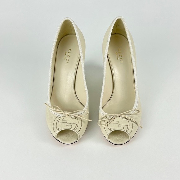 Gucci Cream GG Logo Peep Toe Wedge - Picture 4 of 9
